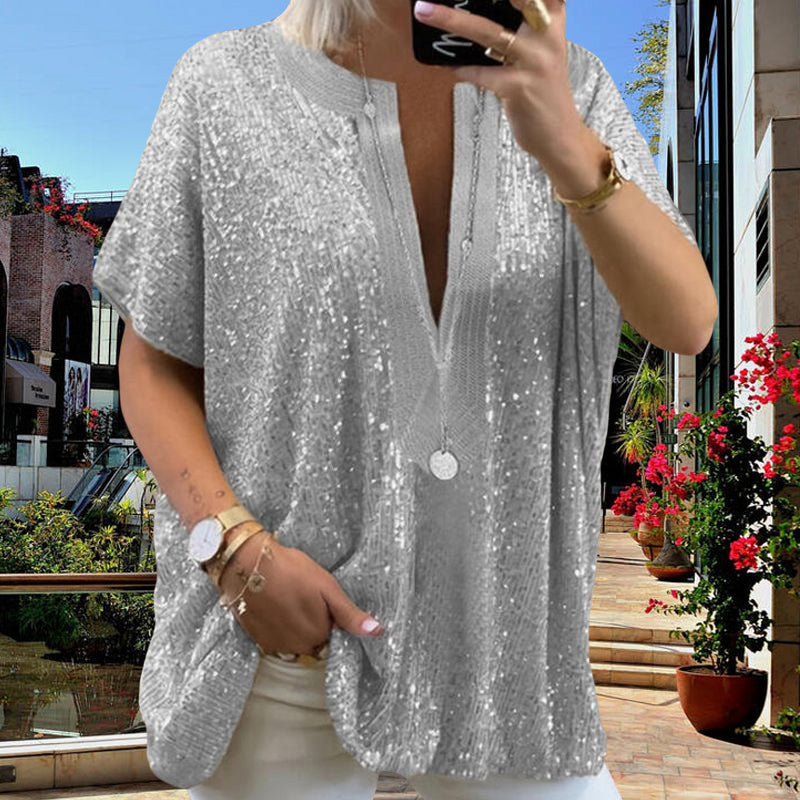 Solid V-Neckline Half Sleeve Blouse