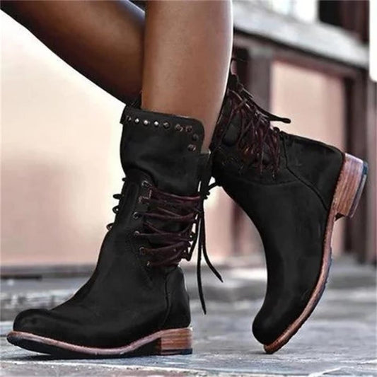 Solid back lace up thick heel riding boots