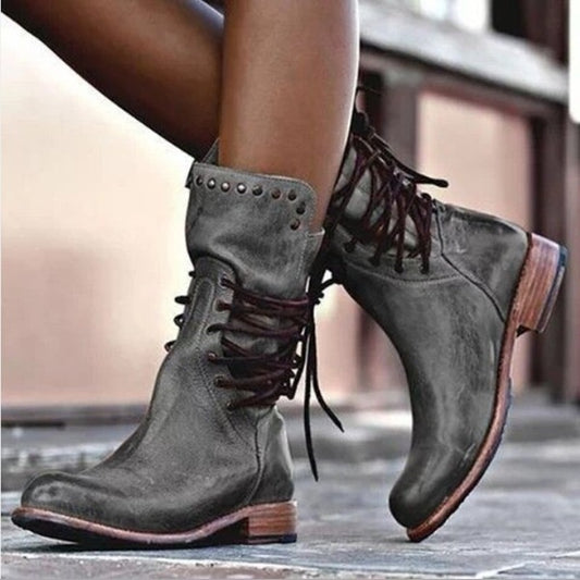 Solid back lace up thick heel riding boots