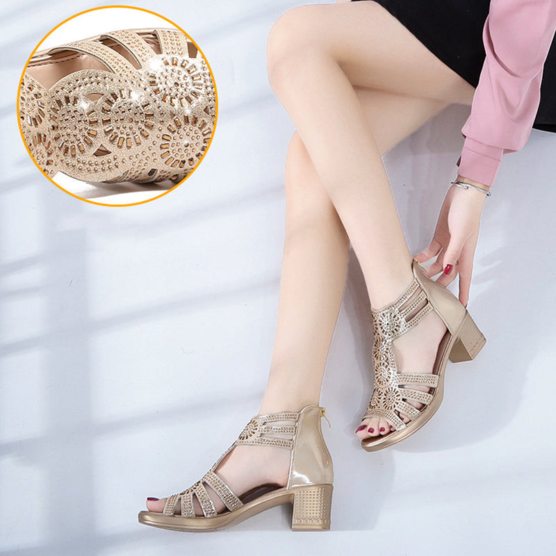 Rhinestone Cutout High Heel Zip Back Sandals