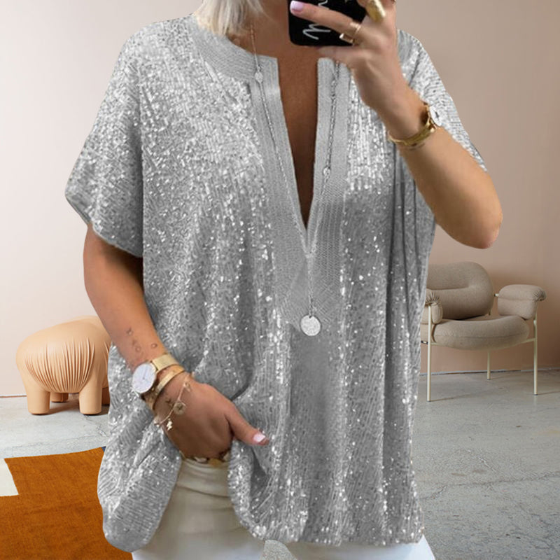 Solid V-Neckline Half Sleeve Blouse