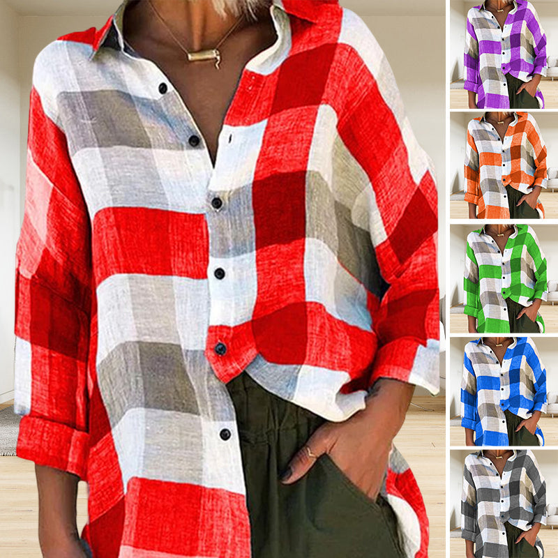 Women's Printed Long-sleeved Shirt Loose Plaid Shirt