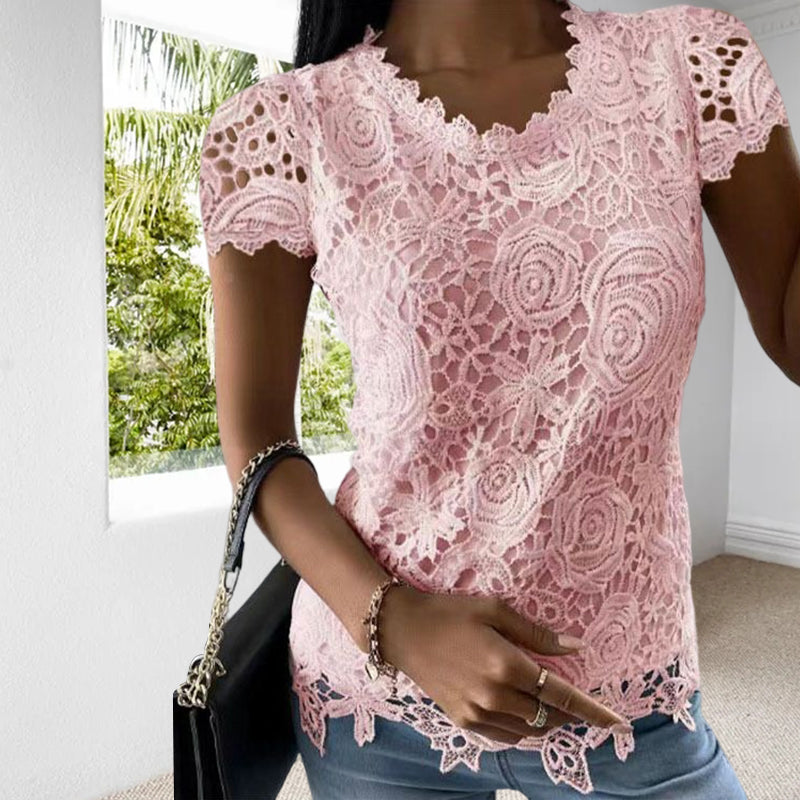 Women's U-neck Solid Color Lace T-shirt Top